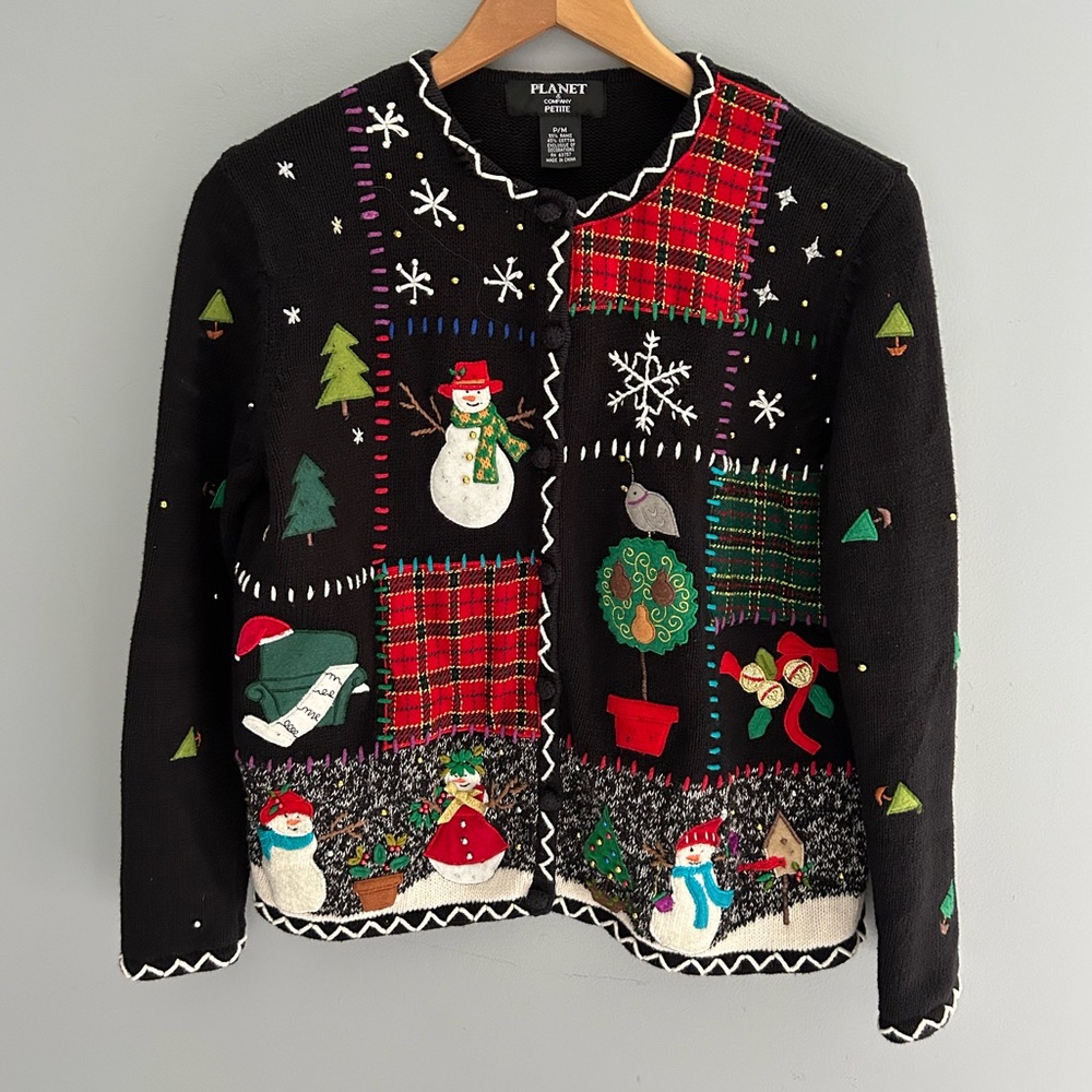 Planet & Company Vintage Christmas Sweater Cardigan Snowman Size Medium Petite